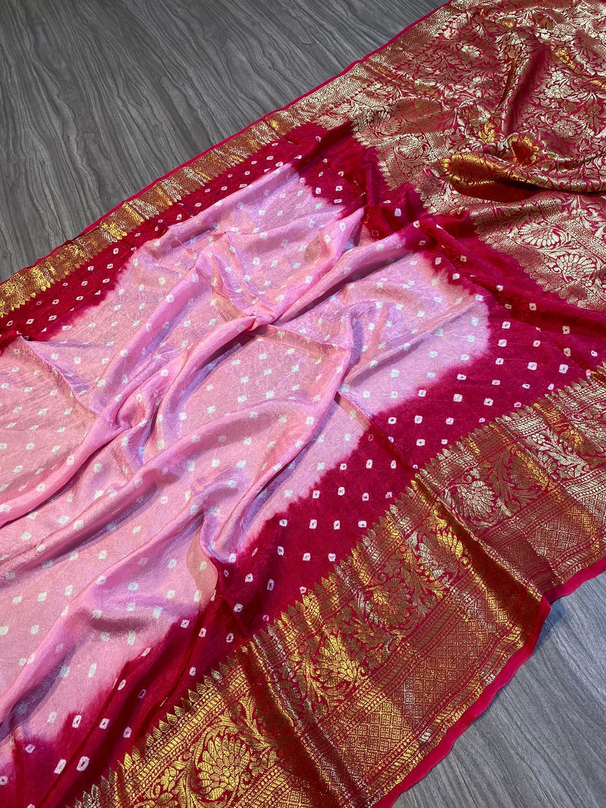 Bandhej silk saree with Kanchipuram jari border.