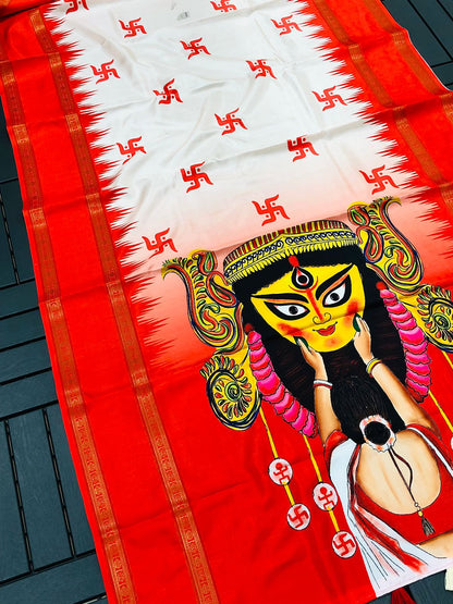 Beautiful soft Gadwal silk  sarees with all Durga pooja print design along with zari weaving  border