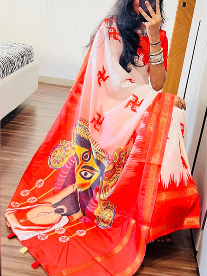 Beautiful soft Gadwal silk  sarees with all Durga pooja print design along with zari weaving  border