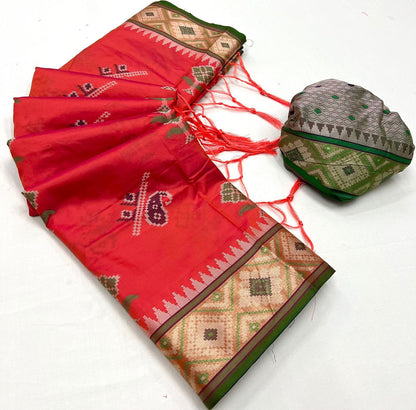 Soft Patola Silk Saree with Meenakari Weaving Design, Zari Weaving Rich Pallu, and Brocade Silk Blouse Piece. Meenakari Border with Zari Weaving.