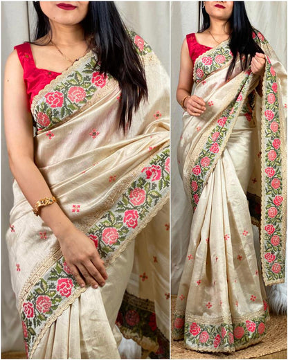 Ruhani silk saree with kashmiri thread work.