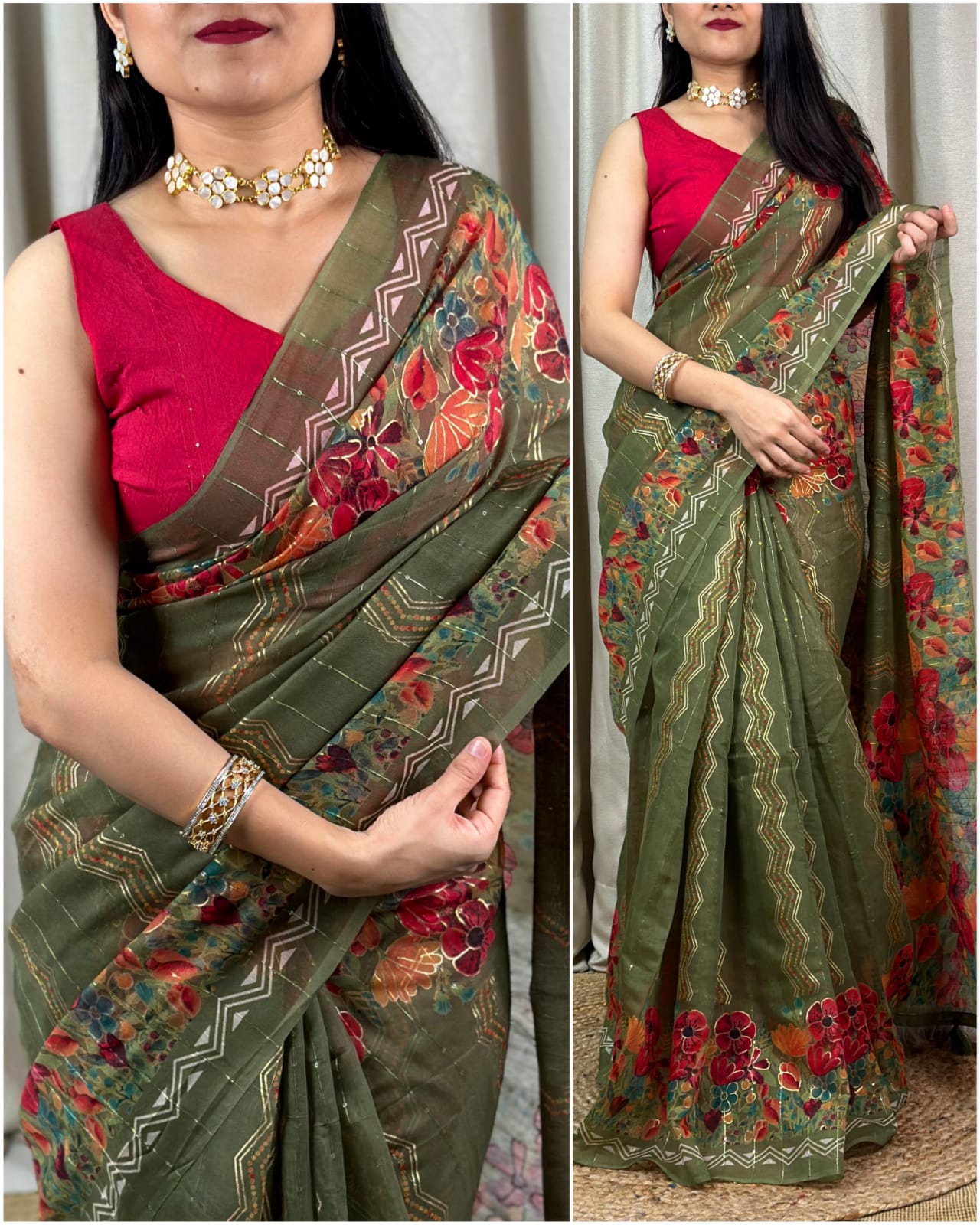 Designer floral print saree with self-jacquard blouse, sequin weaving, golden foil outing, and tussles in the pallu.