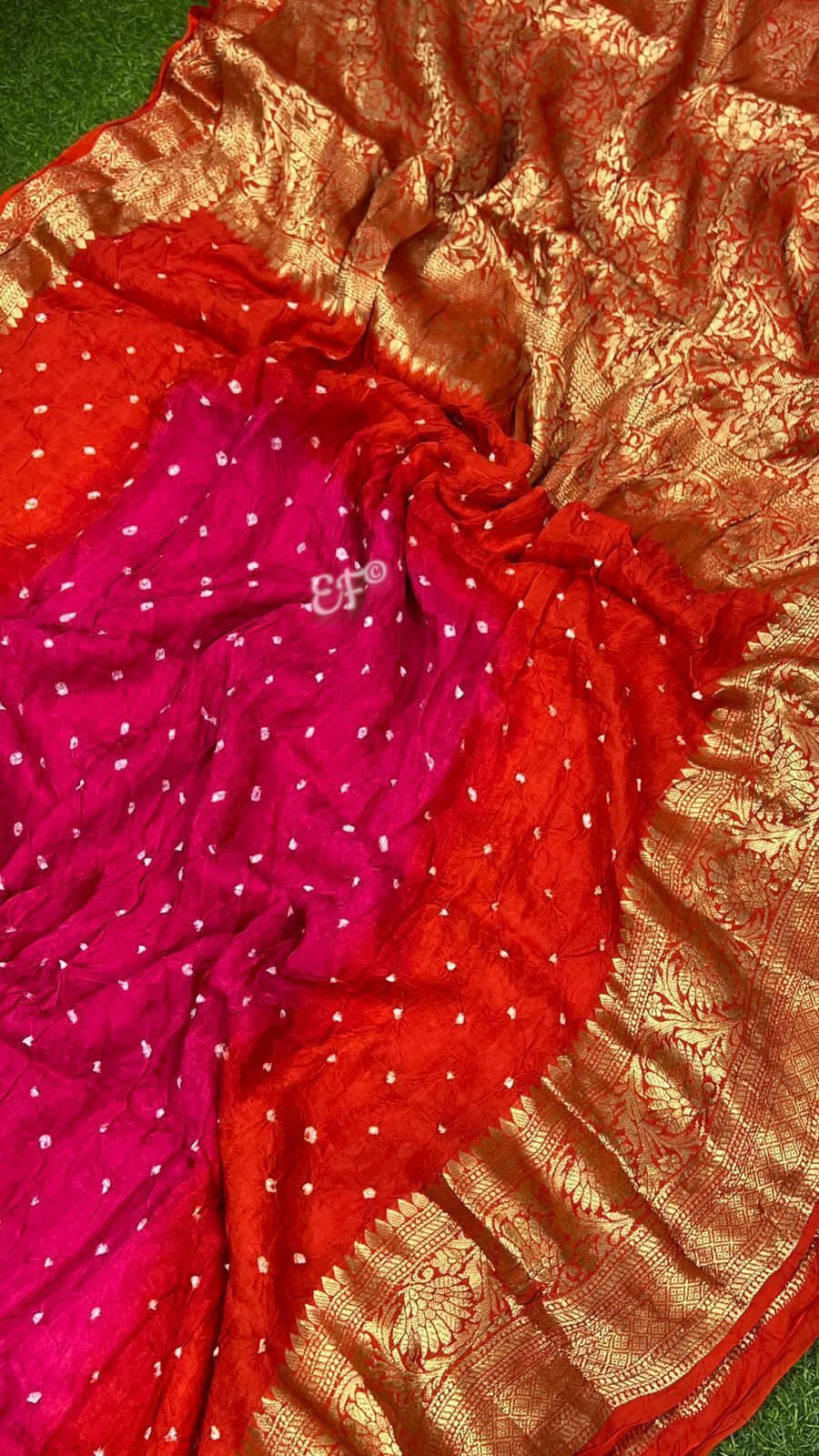 Bandhej silk saree with Kanchipuram jari border.