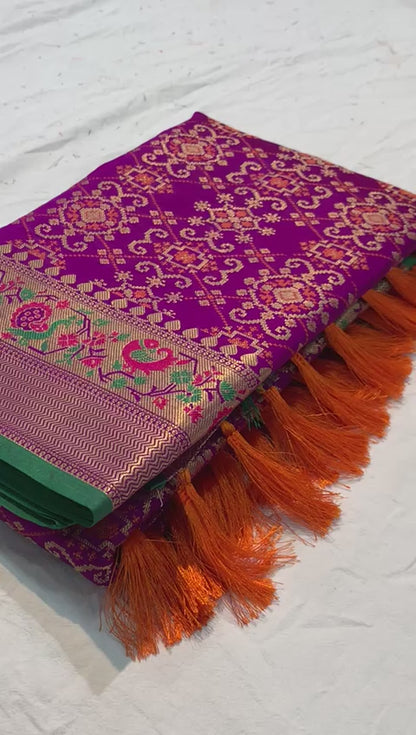 Patola silk saree with paithani and patola fusion.