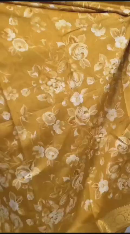 Soft tusshar silk saree with golden zari weaving zig zag border