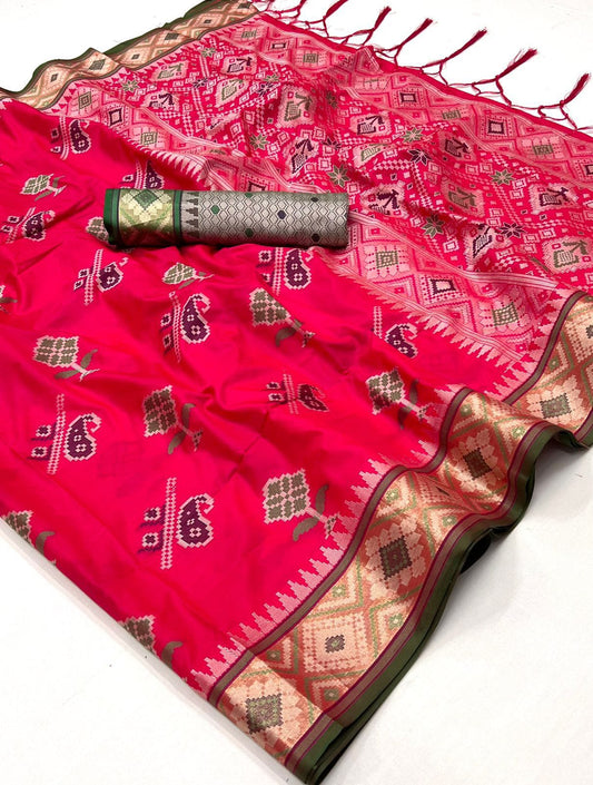 Soft Patola Silk Saree with Meenakari Weaving Design, Zari Weaving Rich Pallu, and Brocade Silk Blouse Piece. Meenakari Border with Zari Weaving.