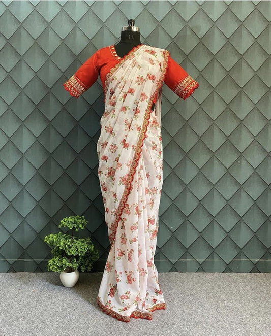 High Demanding floral saree with ready-made maggam blouse