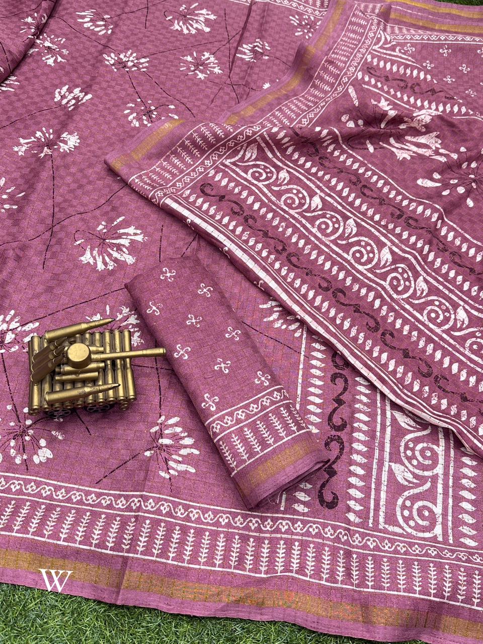 Kalamkari printed and zari border saree with checks weaving pattern