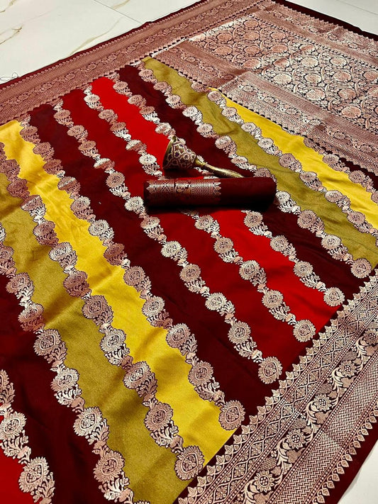 Pure meena zari heavy weaving work saree with zari border plane blouse.