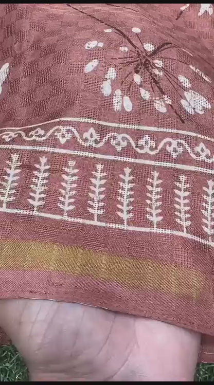Kalamkari printed and zari border saree with checks weaving pattern